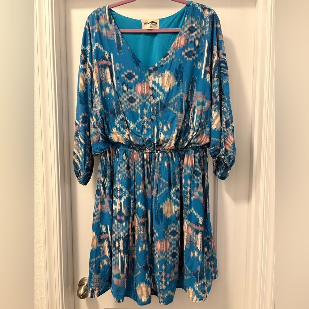 Savanna Jane Teal and Peach Ikat Pattern Mini Dress Size 2X